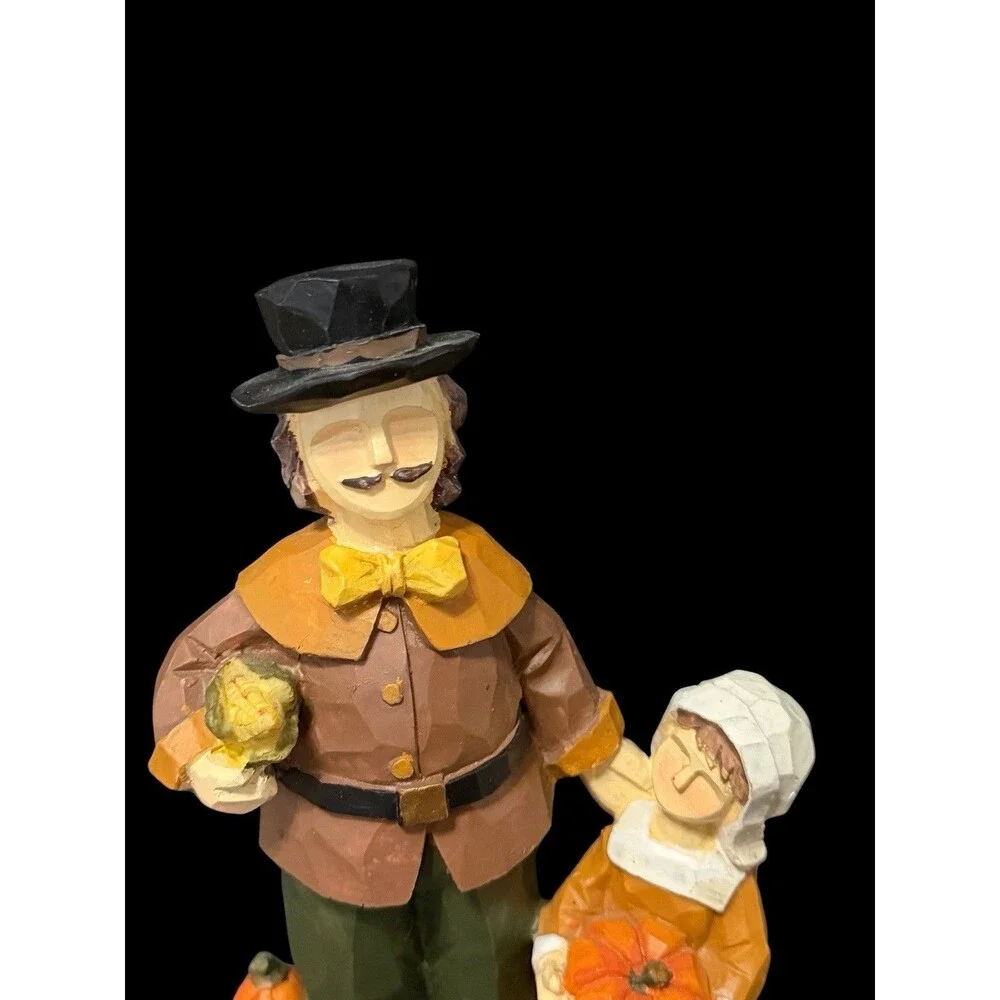 Vtg Tii Collections Pilgrim & Child Hand Painted Resin Figurine Wood Carve Look